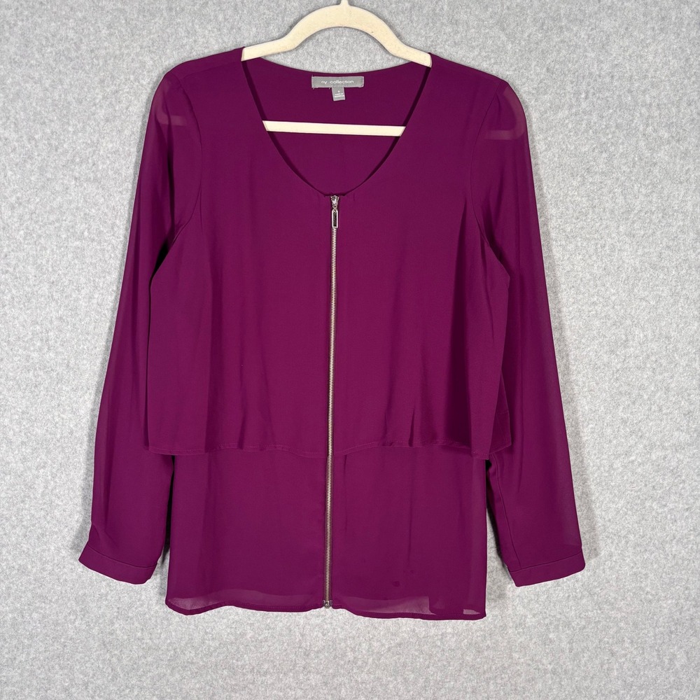 NY Collection Layered‎ Tunic Blouse Small Sheer Magenta Tiered Career Church